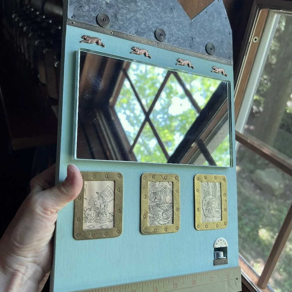 Vintage Handmade Sage Green Alice in Wonderland Themed Mirror on Wood w/Trinkets